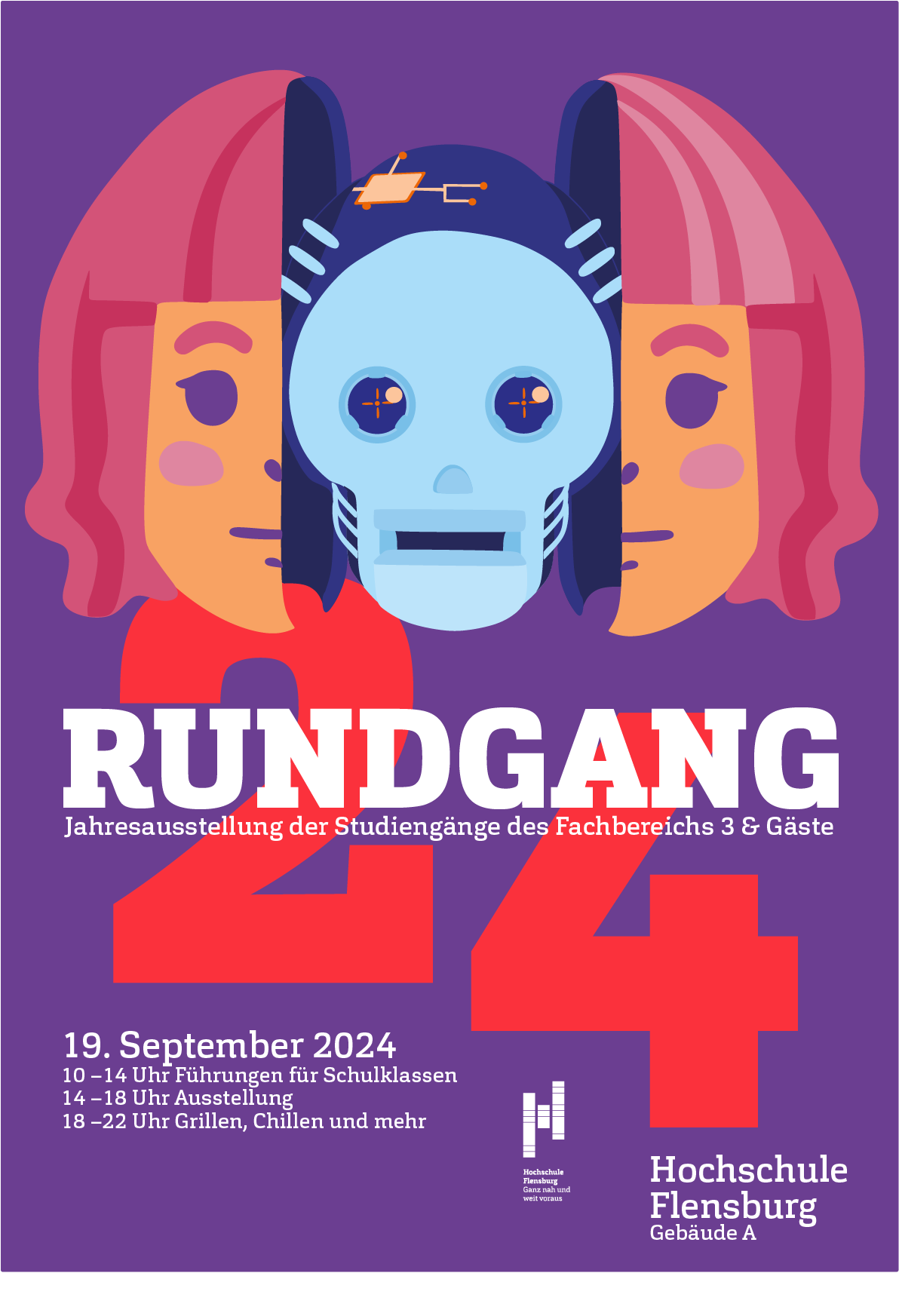 Poster design for the 'Rundgang 2024' annual exhibition at Hochschule Flensburg. It features a stylized illustration combining a human face and a robot head in the center, flanked by mirrored halves of a pink-haired human face. The bold number '24' in red fills the background. Text details the event's date and program.